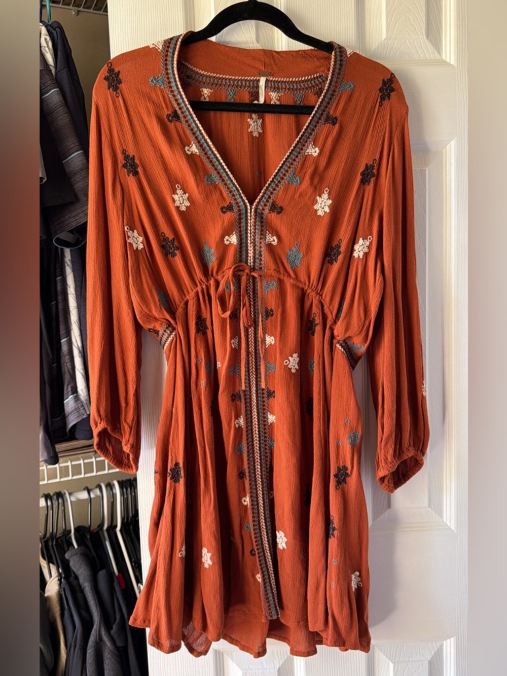 Free People Rust Orange Embroidered Long-Sleeve Boho Dress
